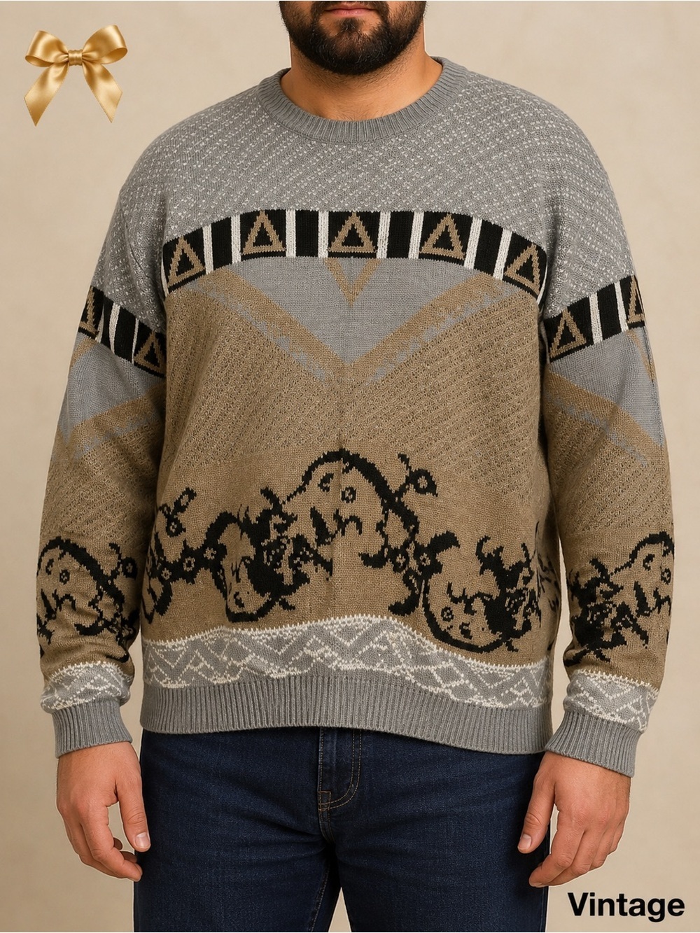 Vintage Sweater Size X-Large Gray Black Olive Retro Classic Acrylic